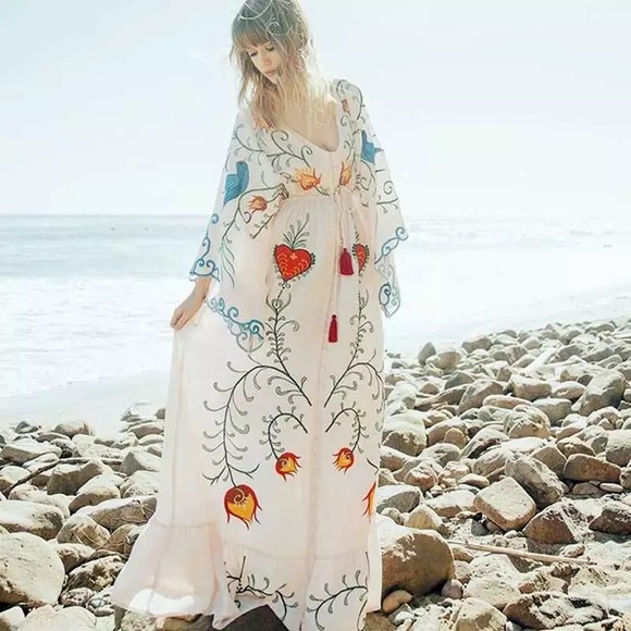 Boho Embroidered Hearts Magic Kimono Long Maxi Gown In White 5 Star ⭐️ Favorite - Picture 7 of 16